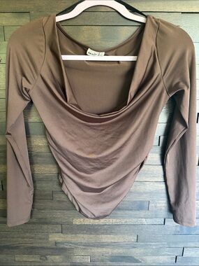 Women's Brown Long-Sleeve Cowl Neck Bodysuit